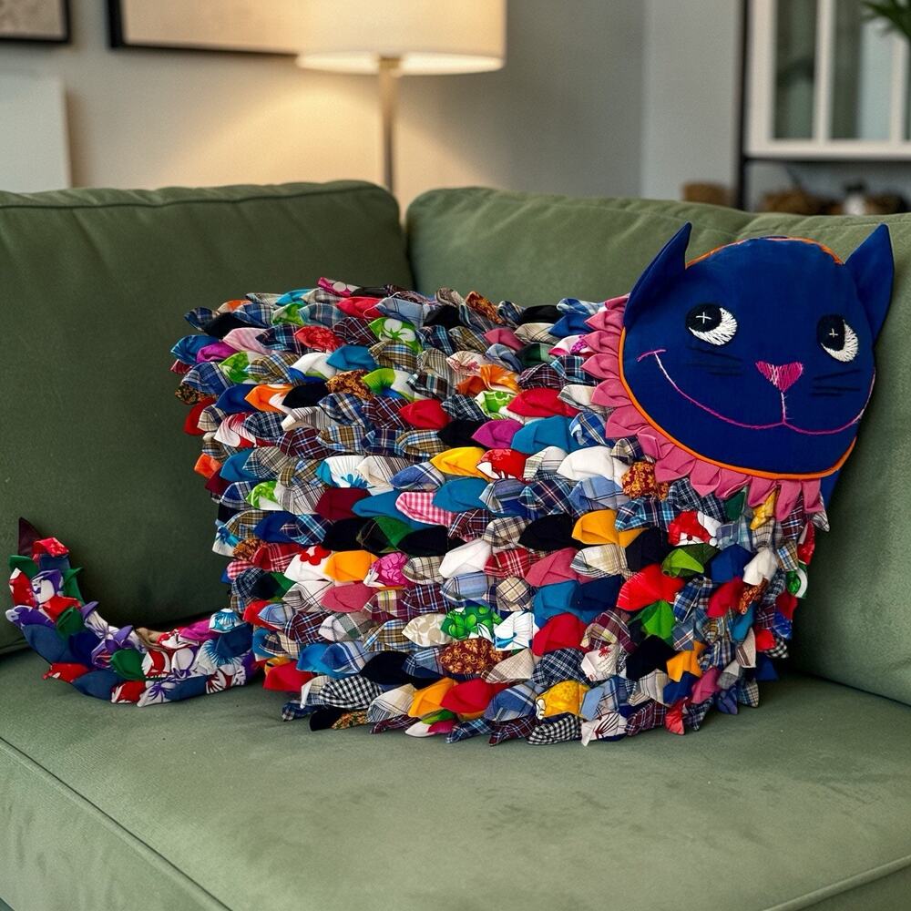 Handmade Folk Art Cat Pillow Kitsch Colorful Cat Lover Decor One Of A Kind 19”